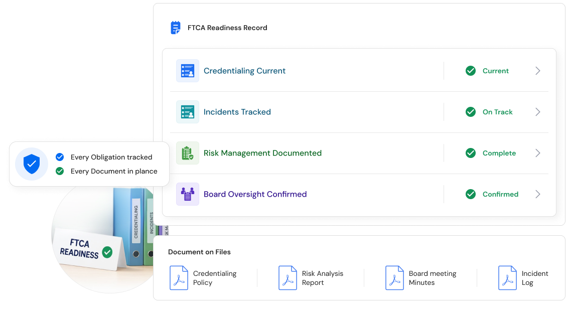 FTCA readiness record: credentialing current, incidents tracked, risk management documented, board oversight confirmed